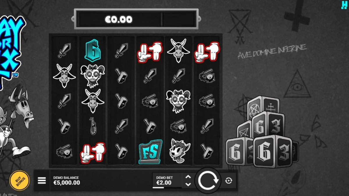 Interface do jogo de slot Pray for Six com temática gótica e monocromática